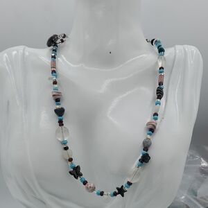Boho Mixed Gemstone Beaded Necklace with Heart and Butterfly 16 Inch N3619